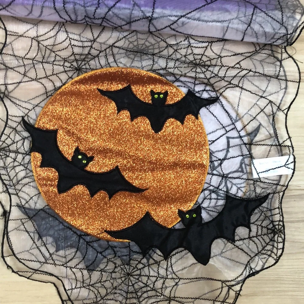 Halloween‎ Black Spider Web Pumpkin Bat Sheer Table Runner NWT